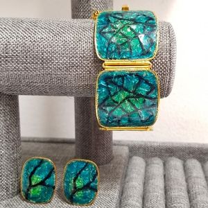 Vintage Aqua Blue and Green Enamel Square Bracelet & Earring Set